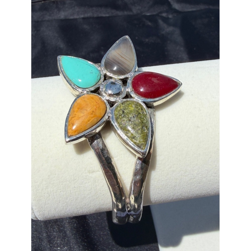 Barse Vintage Sterling Silver Multi Gemstone Flower Cuff 925 - Picture 1 of 16